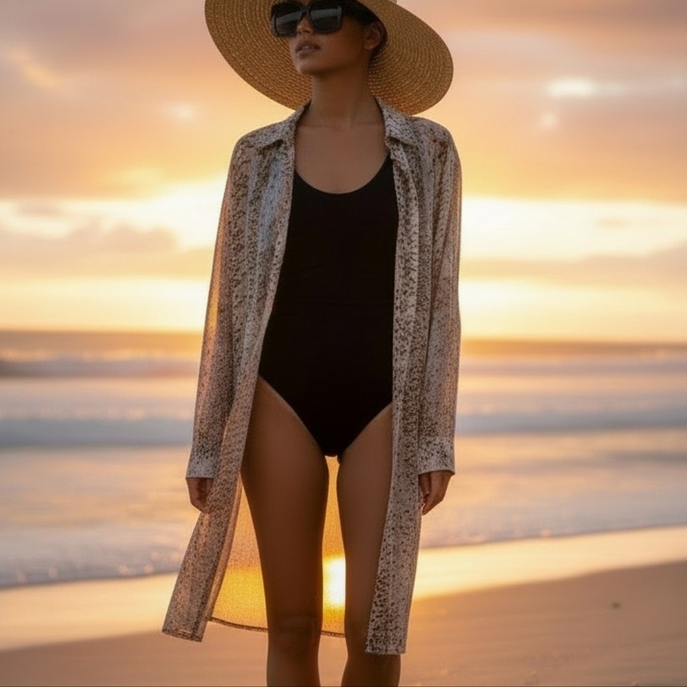 Sheer Snake Print Shirt Dress S Neutral Taupe Boho Resort Cover-Up Long Sleeve